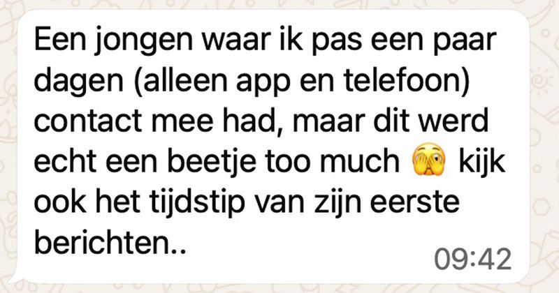 Gast die nogal opdringerig en overweldigend overkomt heeft een leuke verrassing bedacht voor een vrouw waar hij pas een paar dagen appcontact mee heeft... (7 screens)