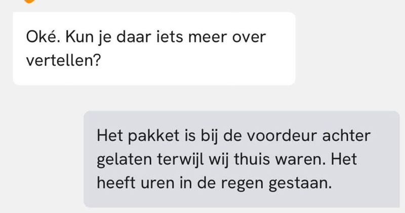 PostNL-bezorger zet pakket in de regen voor de deur terwijl de ontvanger gewoon thuis is en dit is het zeer behulpzame gesprek met de klantenservice (7 screens)