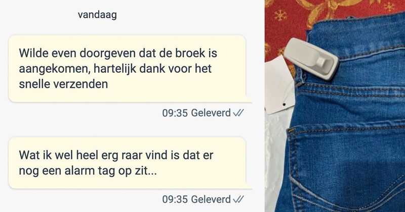 Vrouw koopt broek via Marktplaats waar nog een alarmtag aan vast zit, hier het gesprek met de verkoopster (8 screens)