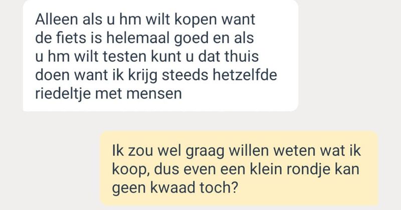Jongen heeft interesse in een mountainbike op Marktplaats maar mag niet eerst een proefrit maken van deze verkoper omdat hij dat 'gezeur' vindt (4 screens)