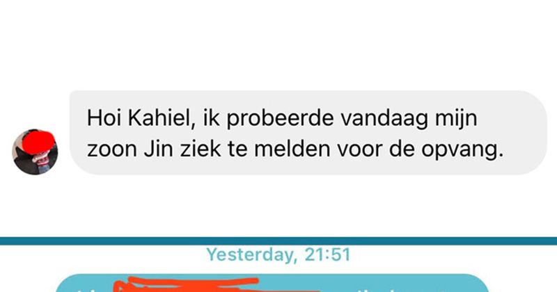 Moeder probeert haar zoontje 's morgens vroeg ziek te melden voor de opvang maar deze medewerkster heeft zo te lezen nog geen koffie gehad