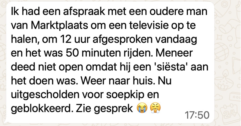 Vrouw wil televisie ophalen bij iemand van Marktplaats maar als ze na 50 minuten rijden op het afgesproken tijdstip aankomt doet hij niet open omdat hij een siësta aan het doen is (3 screens)