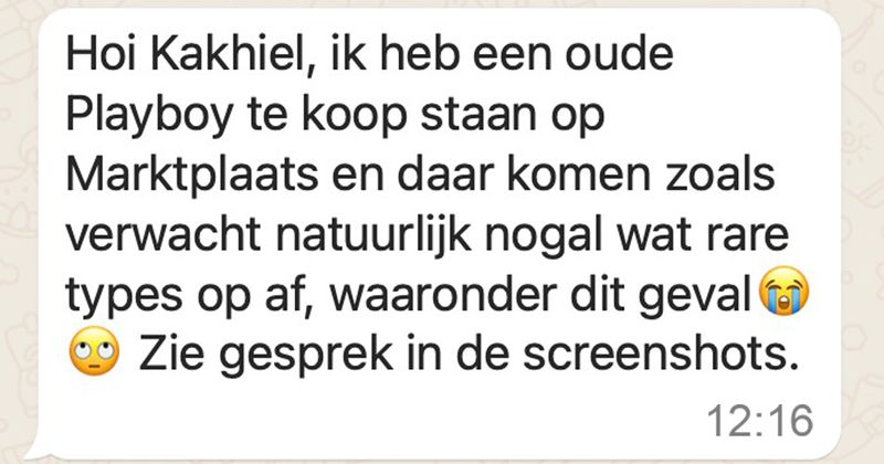 Man wil Playboy kopen op Marktplaats maar heeft eerst nog wel een paar vragen over wat er allemaal precies te zien (6 screens)