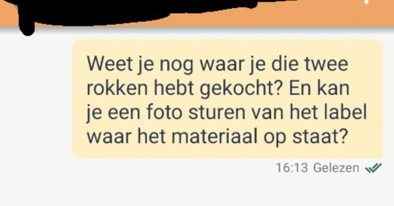 Marktplaats-verkoopster is meteen beledigd als iemand die haar rokken wil kopen vraagt om een foto van het label (3 screens)