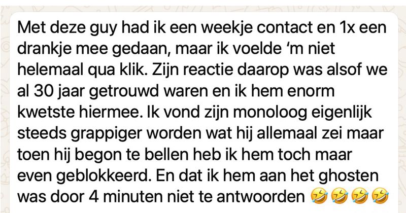 Gast wordt door zijn date na 1 keer afspreken afgewezen omdat er vanuit haar geen klik is en reageert op z'n zachtst gezegd nogal dramatisch (5 screens)