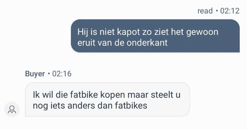 Dit is hoe een gemiddeld gesprek tussen twee fatbike-liefhebbers verloopt in de Marktplaats-chat (7 screens)