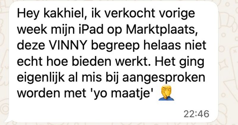 Vinny wil heel graag een iPad kopen op Marktplaats maar snapt helaas niet echt hoe bieden werkt (6 screens)