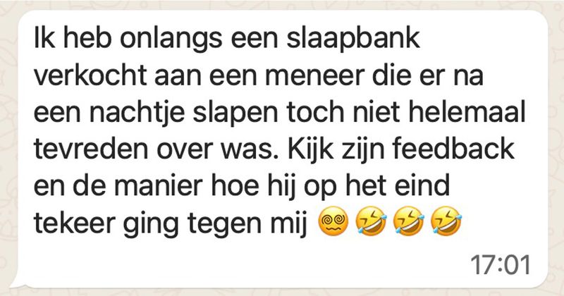 Man koopt tweedehands slaapbank via Marktplaats maar is er na een nachtje slapen toch niet helemaal tevreden over en dit is zijn feedback (4 screens)