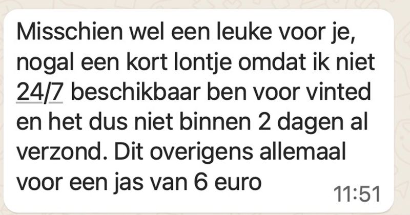 Verkoper op Vinted wordt bedreigd omdat hij een jas van 6 euro niet binnen twee werkdagen opstuurt (6 screens)