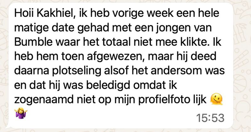 Gast kan het niet hebben dat hij wordt afgewezen voor een tweede date en komt ineens met allemaal rare beledigingen op de proppen (4 screens)