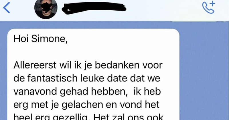 Simone heeft een geslaagde date achter de rug maar ontvangt dan midden in de nacht ineens deze bizarre berichten (6 screens)