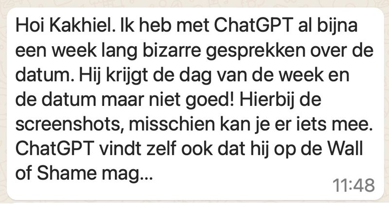 Man vraagt al de hele week aan ChatGPT welke dag het vandaag is en dit is wat hij terug krijgt (8 screens) 