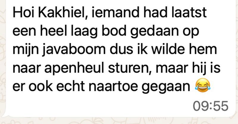 Man brengt een belachelijk laag bod uit op een javaboom op Marktplaats en krijgt voor de grap het adres van de Apenheul waar hij vervolgens ook echt helemaal naartoe rijdt (7 screens)