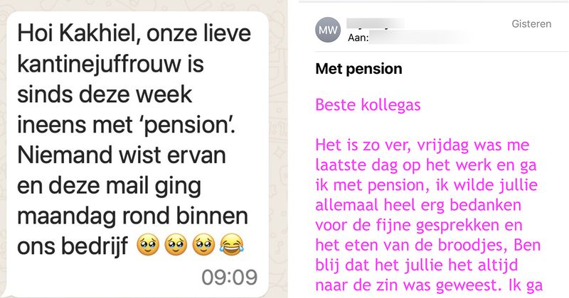 Kantinejuffrouw gaat na 30 jaar met pensioen en heeft geen zin om afscheid te nemen dus stuurt ze deze mail rond binnen het bedrijf, 'geen klef gedoe en een tranendal'