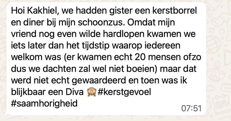 Vrouw wordt uitgemaakt voor 'diva' omdat ze iets later op de kerstborrel van haar schoonzus is die eigenlijk beter gewoon boos had kunnen worden op haar eigen broer (4 screens)