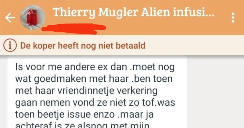 Man wil graag parfum kopen voor zijn ex omdat hij nog wat goed te maken heeft en gooit vervolgens zijn complete levensverhaal in de chat op Marktplaats 'make love, not war' (7 screens)