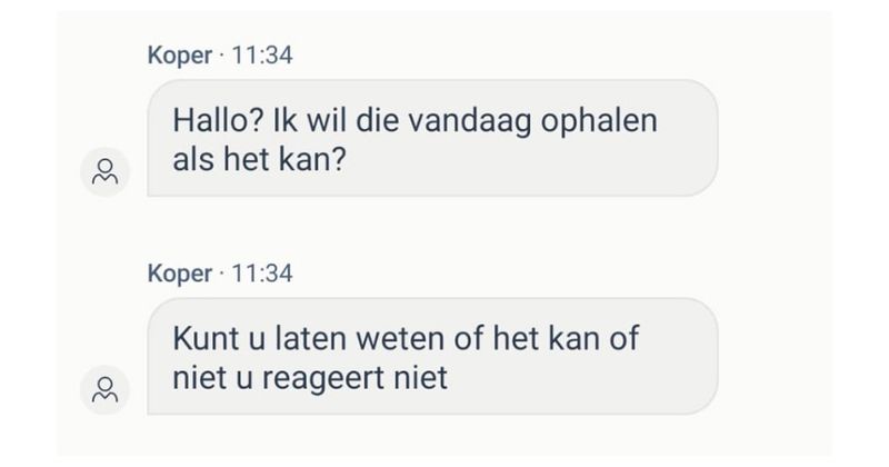 Man wil graag een dwergpapegaai kopen op Marktplaats en gaat helemaal door het lint als er niet snel genoeg wordt gereageerd (4 screens)