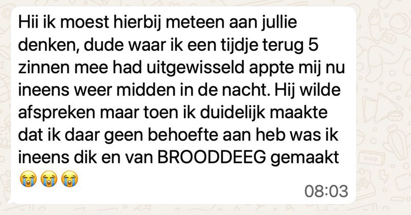 Jongen kan het niet hebben dat hij wordt afgewezen voor een date en gaat binnen een paar zinnen van 'ik vind je leuk' naar 'zo lekker ben je nou ook weer niet' (4 screens)