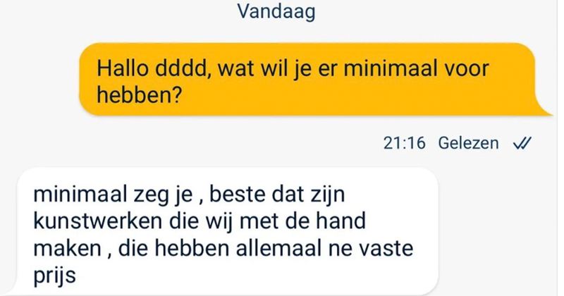 Verkoper van kunstwerken raakt helemaal in shock door het woord 'minimaal' als iemand even naar de prijs informeert en is er meteen helemaal klaar mee (4 screens)