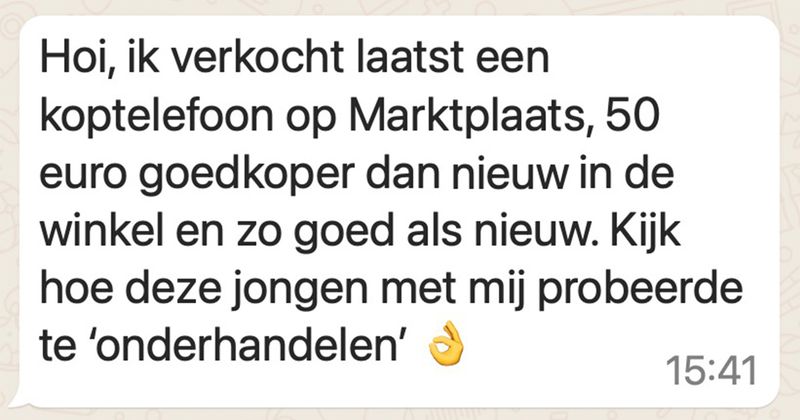 'Vrouwtje' verkoopt koptelefoon op Marktplaats en raakt in gesprek met deze jongen die denkt dat hij goed is in onderhandelen (6 screens)