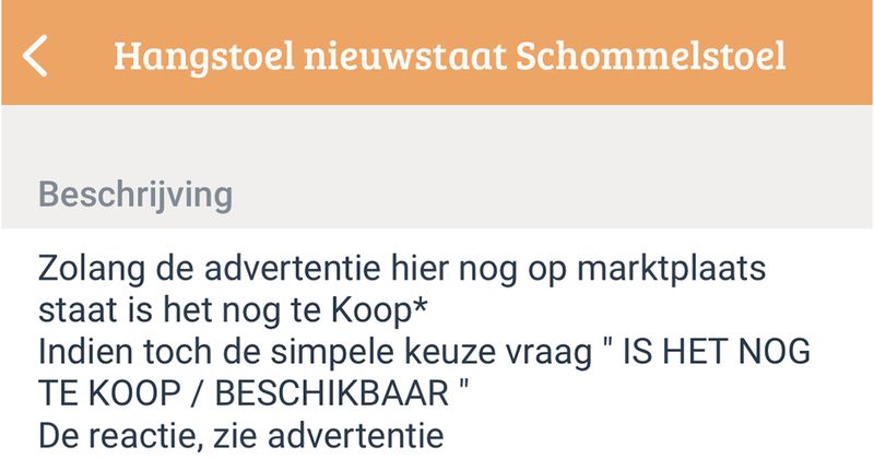 Man verkoopt hangstoel via Marktplaats en als je de beschrijving leest weet je tenminste meteen waar je aan toe bent (5 screens)