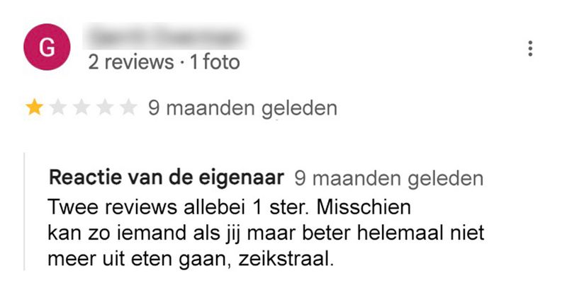 De eigenaar van dit café reageert nogal heftig om mensen die een review achter laten zonder tekst (20 screens)