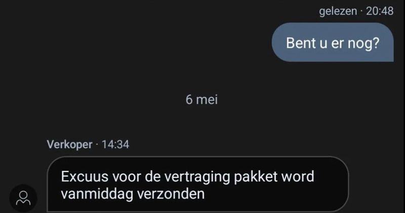 Verkoper kan niet 8 minuten wachten op betaling, maar doet zelf wel meer dan 10 dagen over de verzending (5 screens)