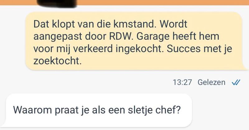 Marktplaats-gesprek over een tweedehands auto escaleert weer binnen no-time helemaal uit de klauwen (4 screens)