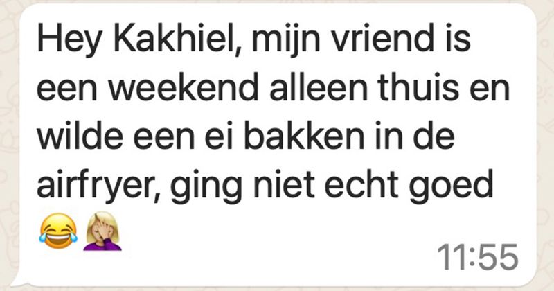 Jongen is weekend alleen thuis en dacht even een lekker eitje te bakken voor zichzelf in de airfryer, dat ging niet helemaal goed... (6 screens)