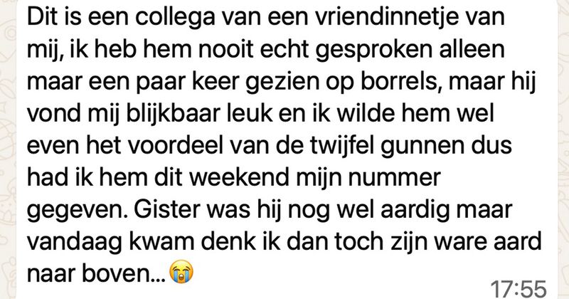 Man probeert afspraakje te regelen met een vriendinnetje van zijn collega maar met deze dwingende manier van praten gaat dat helaas niet echt werken (6 screens)