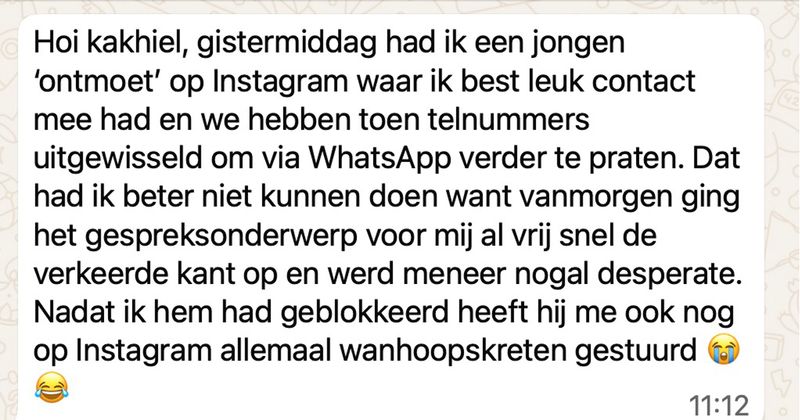 Jongen die na één middag app-contact al de hele tijd over vrijen begint en nogal wanhopig overkomt heeft zelf niet echt in de gaten wat hij verkeerd doet in dit gesprek (7 screens)