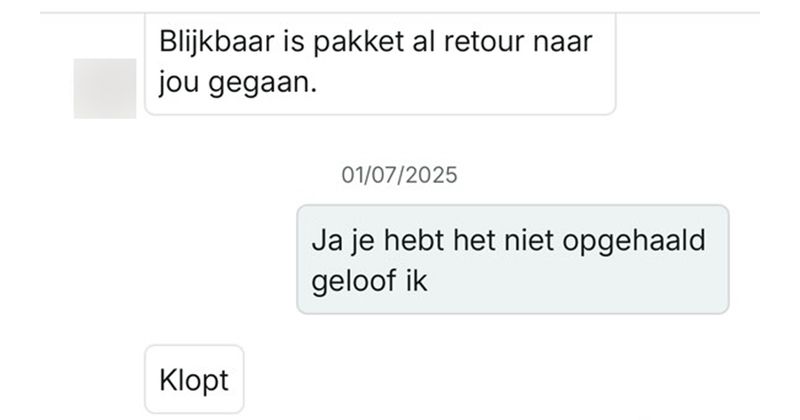 Vrouw koopt broekje van iemand op Vinted en gaat vervolgens op vakantie waardoor ze het pakket niet op kan halen en het weer retour wordt gestuurd, helaas pindakaas (8 screens)