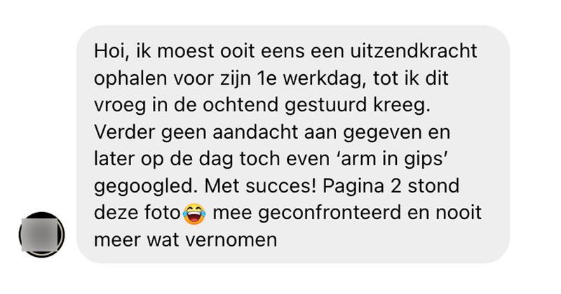 Uitzendkracht meldt zichzelf ziek omdat zijn arm in het gips zit, maar hij had misschien toch beter een andere foto mee kunnen sturen (2 screens)