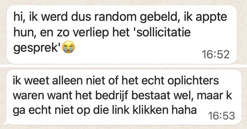 Dit 'sollicitatiegesprek' verloopt voor deze WhatsApp-oplichter helaas niet helemaal zoals gehoopt (14 screens)