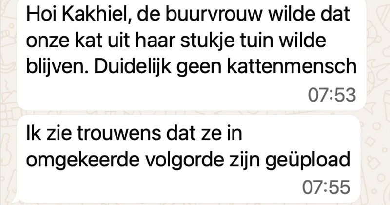 Hier een gezellig gesprek met een buurvrouw die allergisch is voor katten en ze niet in haar tuin wil hebben (3 screens)