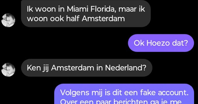 Vrouw wordt aangesproken door een onbekende man die gewoon een coole vriend wil zijn. 'Ken jij Amsterdam in nederland?' (7 screens)