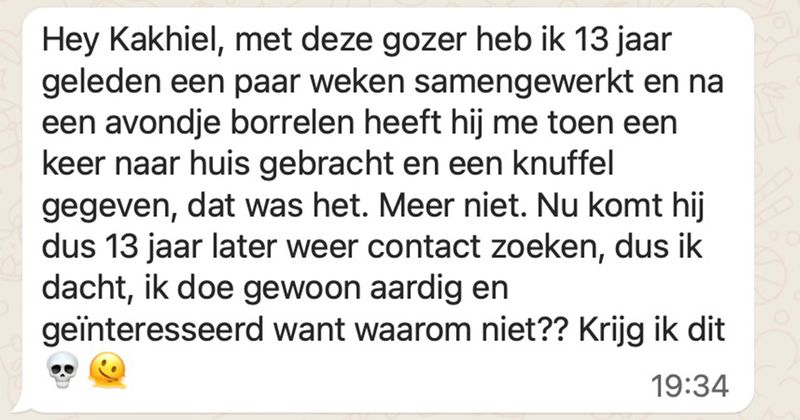 Een ex-collega waar deze vrouw vroeger één keer mee geknuffeld had besluit 13 jaar later maar weer eens contact op te nemen om te vragen hoe het gaat... (4 screens)