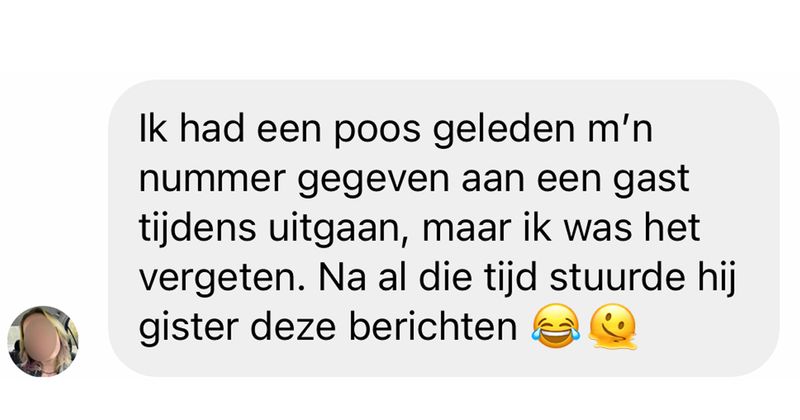Meisje was vergeten dat ze haar nummer had gegeven aan een gast tijdens uitgaan en ontvangt een tijd later ineens deze berichten (6 screens)