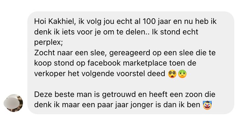 Vrouw wil slee kopen van ene Pedro op Facebook maar die komt vervolgens met nogal een bijzonder ruilvoorstel (3 screens)