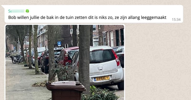 Buurvrouw is boos in de buurt-app omdat er een kliko midden op de stoep staat en ze er nu levensgevaarlijk omheen moet slalommen met haar bakfiets (5 screens)