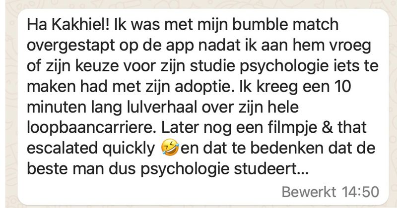 Gast van Bumble gooit meteen z'n hele levensverhaal in een voice note op WhatsApp en reageert nogal beledigd als zijn date geen interesse meer in hem heeft (5 screens)