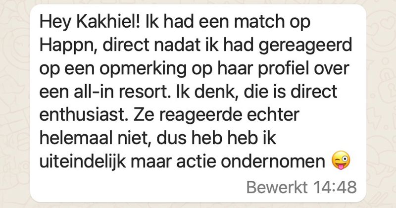 Vrouw die niet dood gevonden zou willen worden in een 'All inclusive resort' krijgt een leuke uitnodiging van haar match op deze dating-app (5 screens)