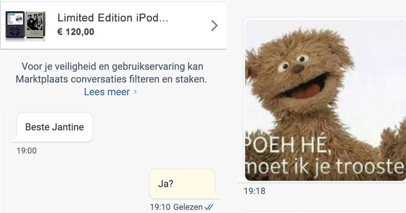 Opdringerig persoon bemoeit zich met de verkoop van een special edition iPod en begint Sesamstraat-memes te sturen als ie z'n zin niet krijgt (7 screens)