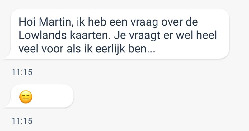 Vrouw wil graag kaartjes voor Lowlands kopen via Marktplaats maar reageert nogal heftig op de prijs omdat het dertig jaar geleden veel goedkoper was (6 screens)