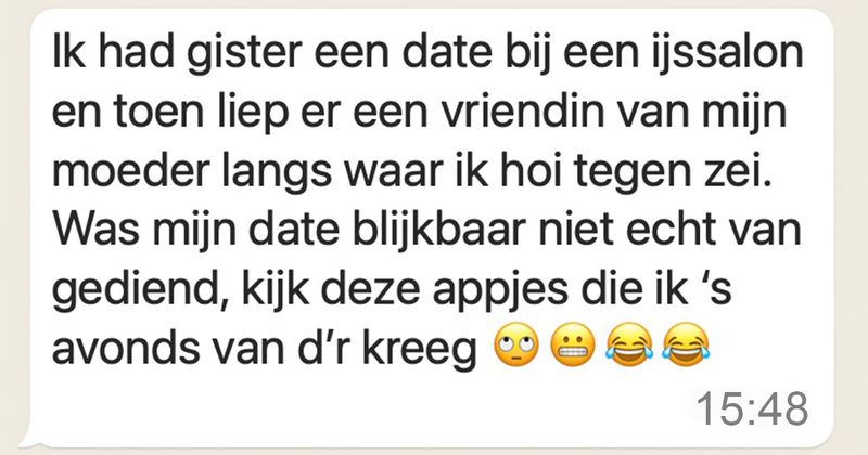 Vrouw is stikjaloers omdat haar date 'hoi' zei tegen een andere vrouw die hij nog van vroeger kende en vuurt 's avonds al deze bizarre berichten op hem af waarin ze duidelijk maakt niet te willen 'verlengen' (6 screens)