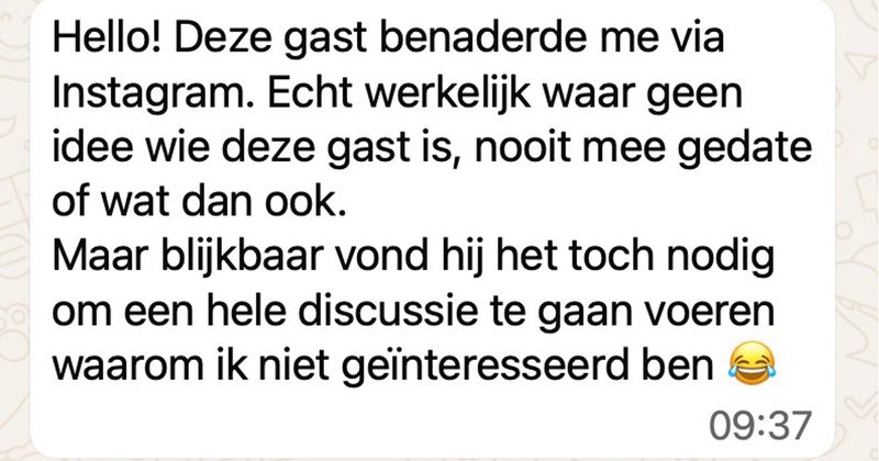 Meisje wordt benaderd door onbekende gast via Instagram en als ze niet geïnteresseerd terug doet is ze ineens saai en inhoudsloos (5 screens)