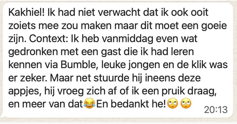 Wat begon als een geslaagde Bumble-date eindigt helaas in een deceptie door deze nogal bizarre vraag na afloop (5 screens)