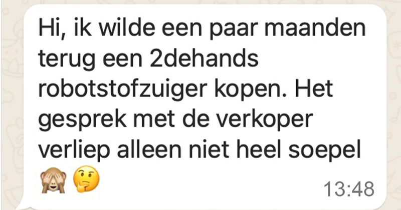 Vrouw wil robotstofzuiger ophalen bij iemand van X maar de communicatie verloopt weer alles behalve soepel (7 screens)