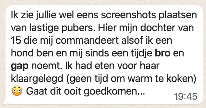 Puberdochter is niet tevreden over het avondeten dat haar vader voor haar heeft klaargezet en als je zelf ook nog nog een kinderwens had is die na dit gesprek waarschijnlijk wel weer verdwenen (3 screens)