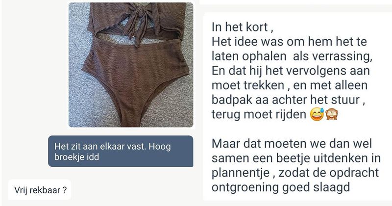 Accountantskantoor wil een mannelijke collega laten ontgroenen door hem een in een badpak rond te laten rijden in een auto en dit is het gesprek met de verkoopster van het badpak... (10 screens)